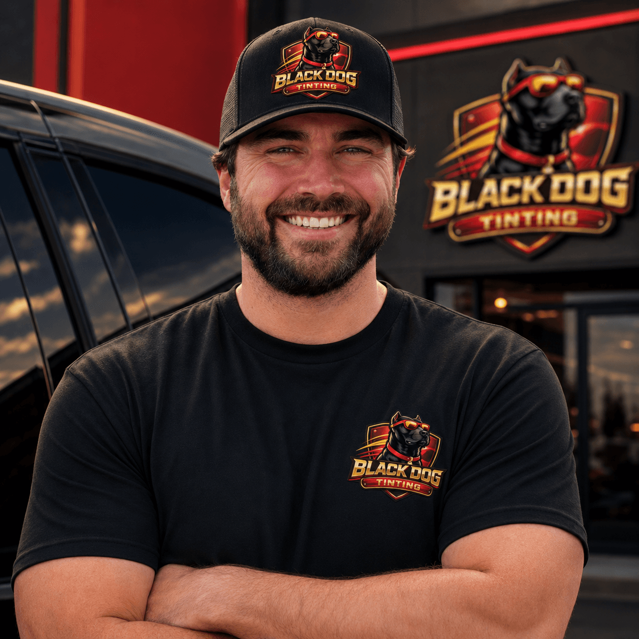 Andy Dennis standing in front of the Black Dog Tinting shop
